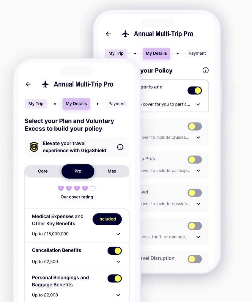 Two mobile screens: one displaying a customisable Gigasure Travel Insurance plan, the other showing add-on options to further tailor your policy