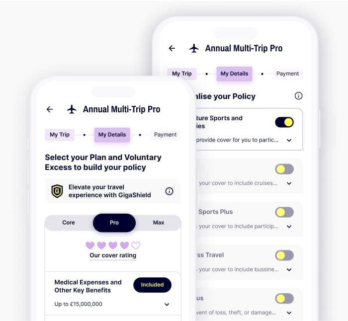 Two mobile screens: one displaying a customisable Gigasure Travel Insurance plan, the other showing add-on options to further tailor your policy