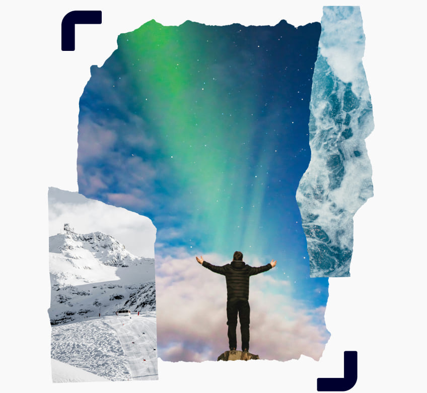 A collage of winter scenes centered around a traveler gazing at the northern lights