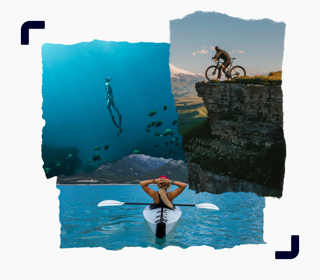 A collage of images showcasing people engaging in adventure sports like mountain biking, kayaking, and scuba diving