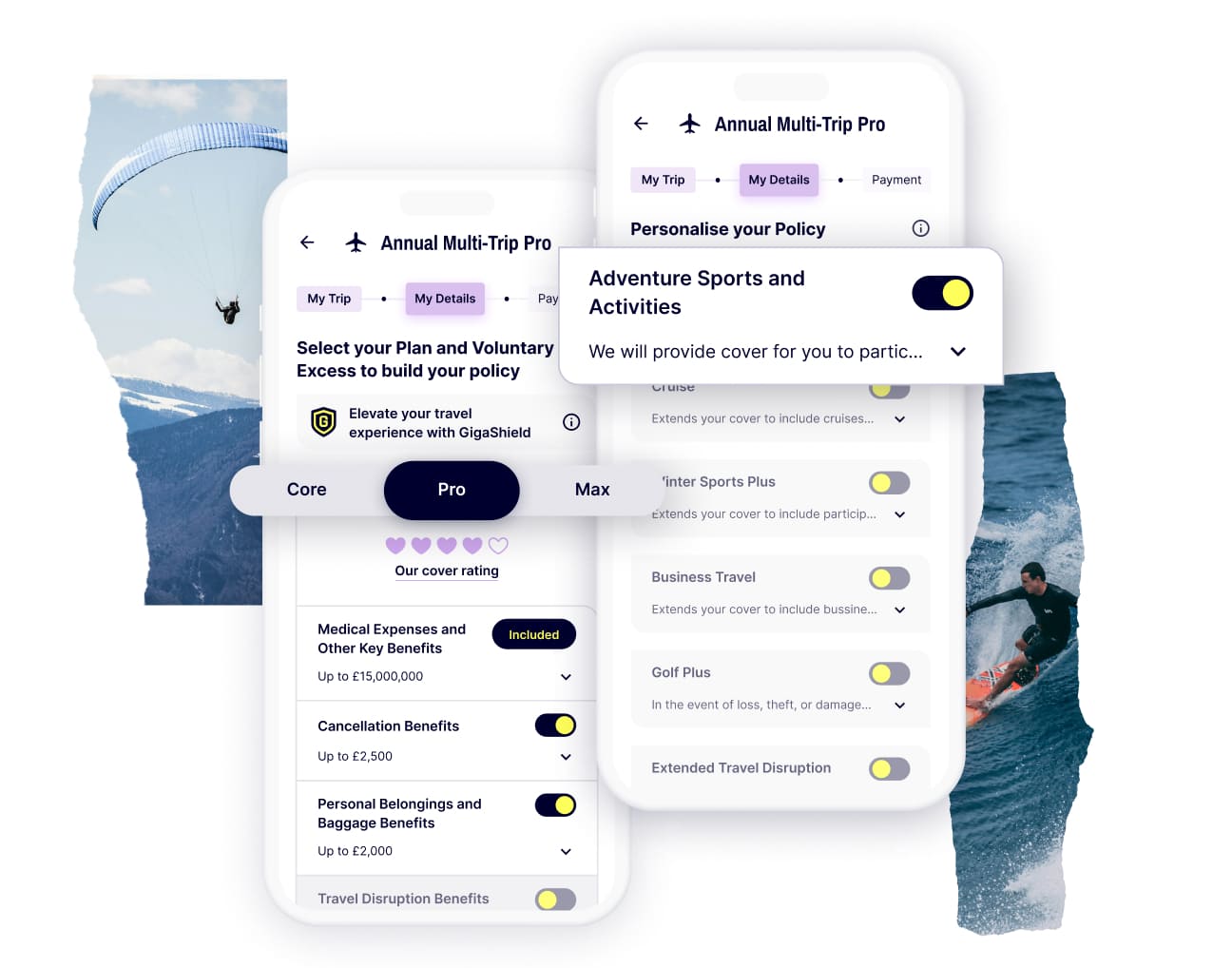 Two mobile screens displaying the Gigasure Travel Insurance purchasing journey, where you select a plan and customise it with add-ons