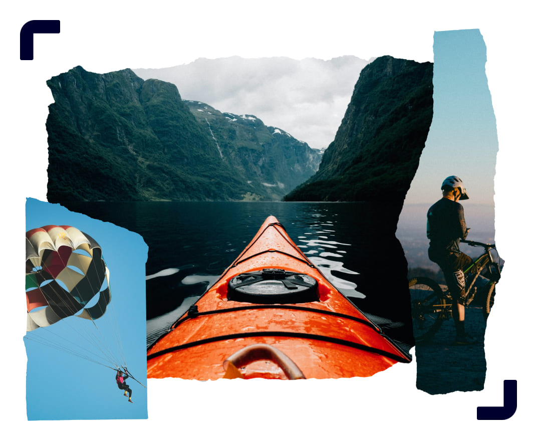 A collage of images featuring travelers kayaking