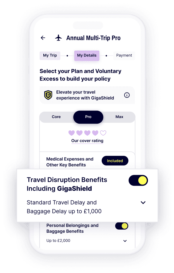 A screen showing the Gigasure Travel Insurance policy with the customisable option that allows you to add Travel Disruption Benefits, including GigaShield