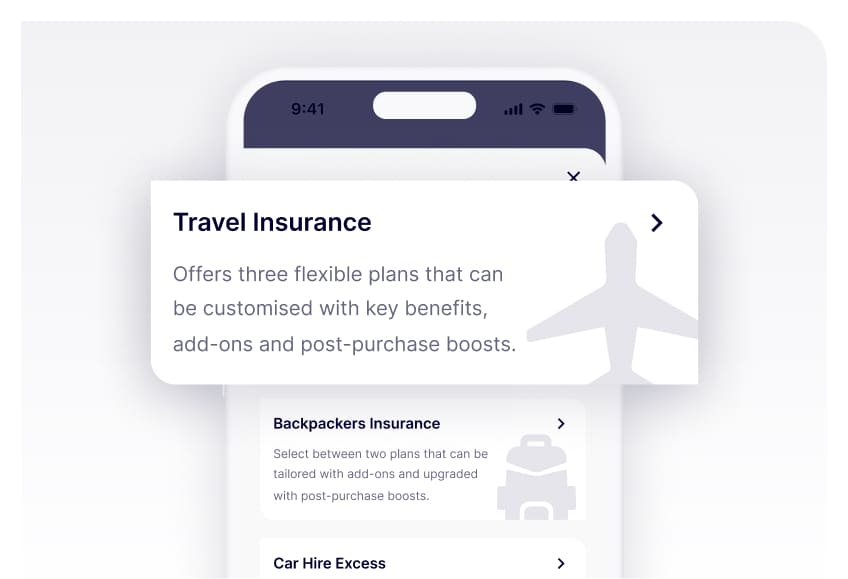 A mobile screen showing the section of the Gigasure app where you can buy a new Travel, Backpackers, Car, and Van Hire Excess insurance policy