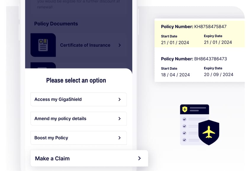 A mobile screen in the Gigasure app showing how to start the claims process