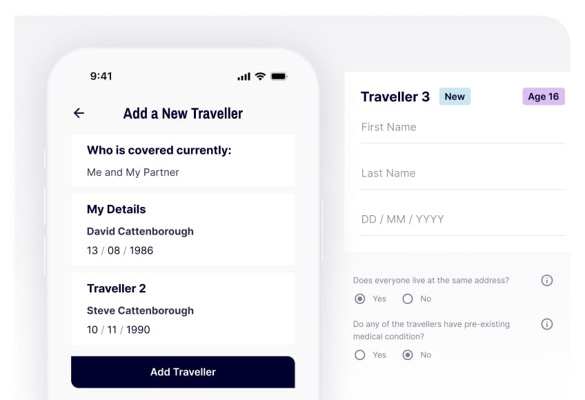 This screen shows how easy it is to use the Gigasure app to amend your policy and include an additional traveller in your existing plan