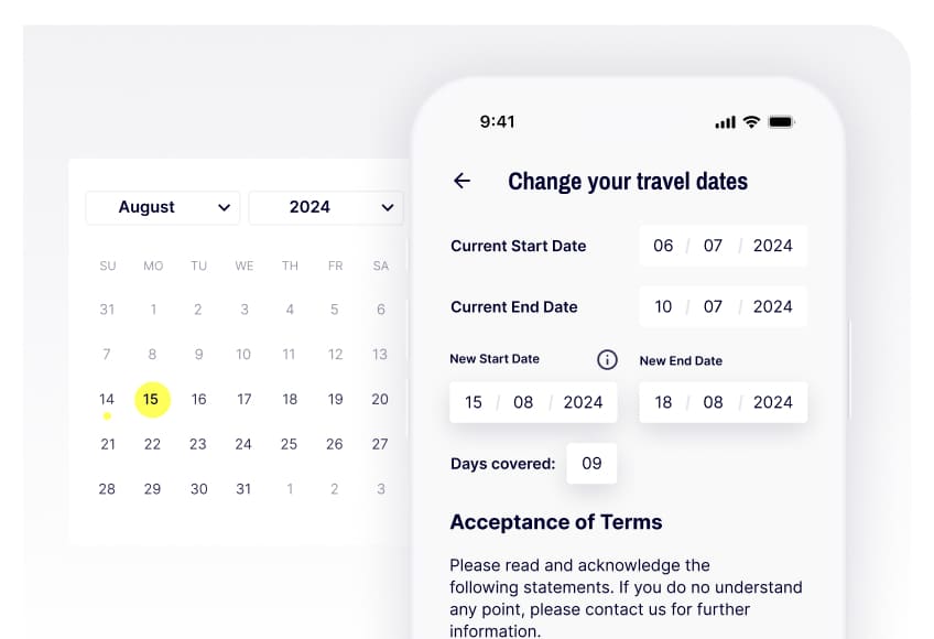 This screen shows how easy it is to use the Gigasure app to change your travel dates 