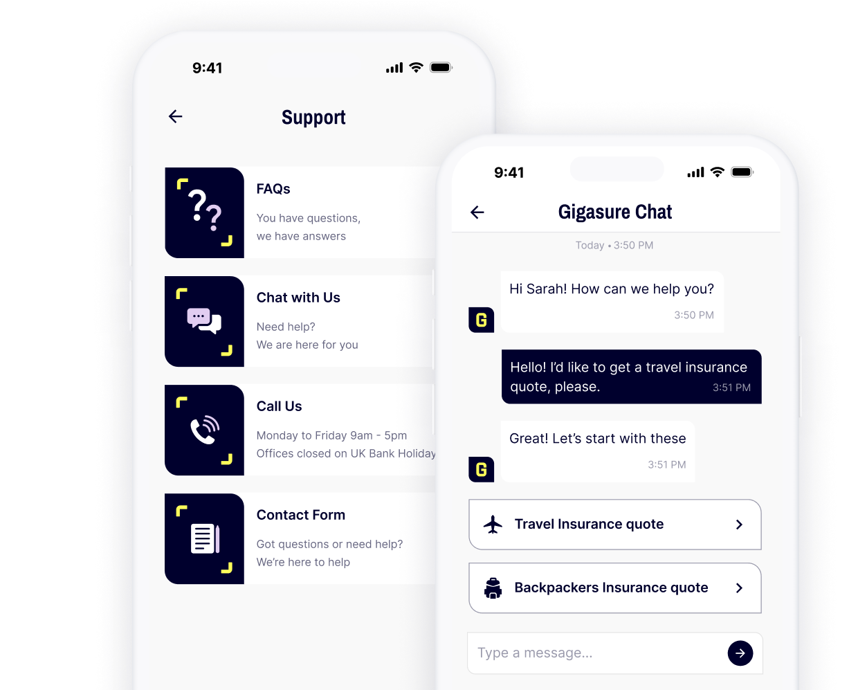 This screen shows Gigasure's app features for easy communication: call our support, fill a form, access FAQs, or use the chat function