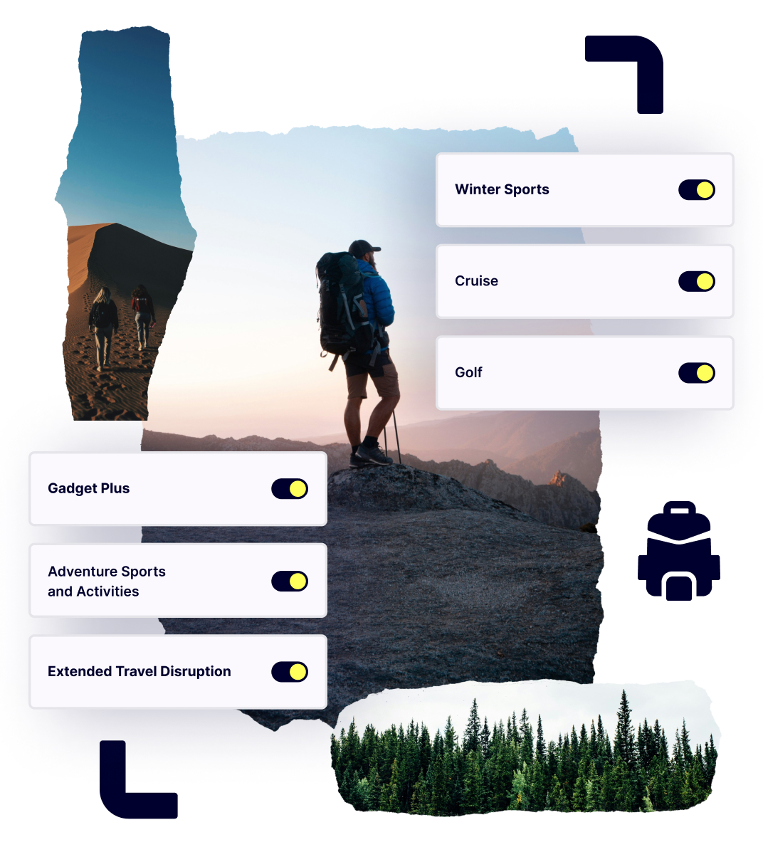 A backpacker on a mountain top overlooking the scenery. Overlayed on this image are the key benefits from Gigasure's Backpackers Insurance plans 