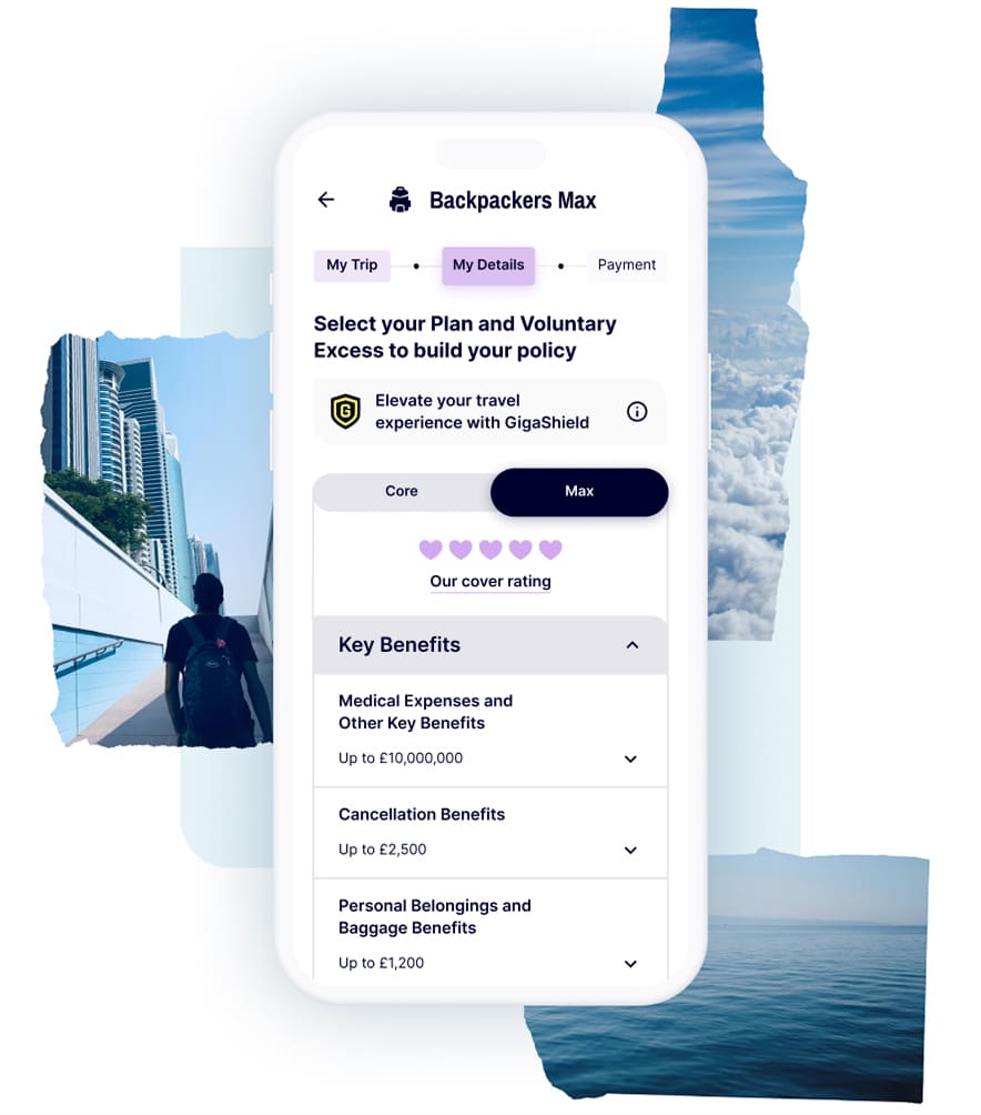 A collage of travel images alongside a mobile screen displaying Gigasure's Backpackers Insurance Max plan, the second step in the purchasing journey