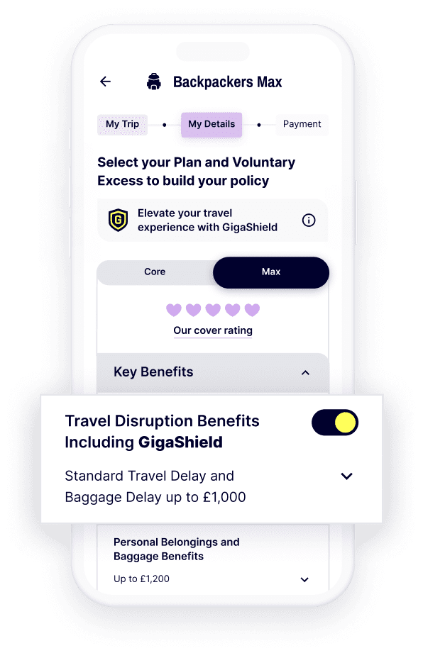 A screen showing the Gigasure Travel Insurance policy with the customisable option that allows you to add Travel Disruption Benefits, including GigaShield