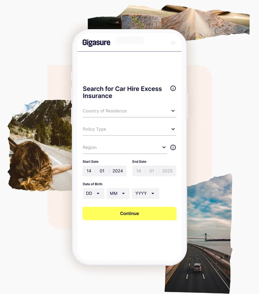 A collage of travel photos alongside a mobile screen displaying the first step to get a quick Gigasure Car Hire Excess Insurance quote