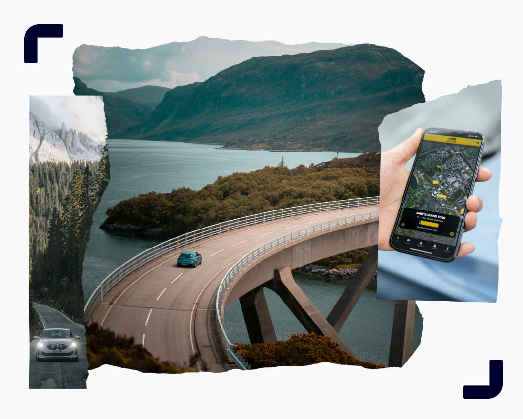 A collage of images showing cars driving through scenic routes 