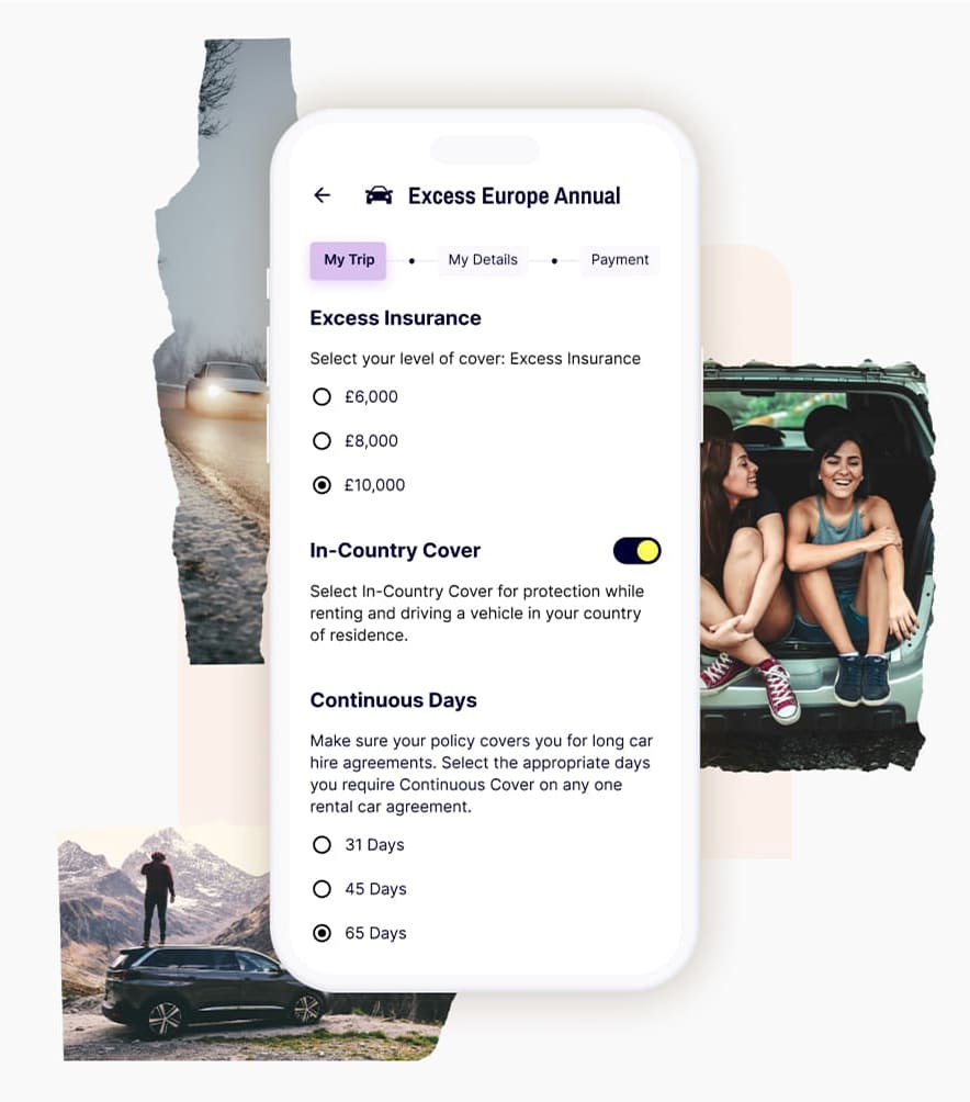 The screen displays options for customising your Car Hire Excess Insurance plan, including voluntary excess and continuous days of cover