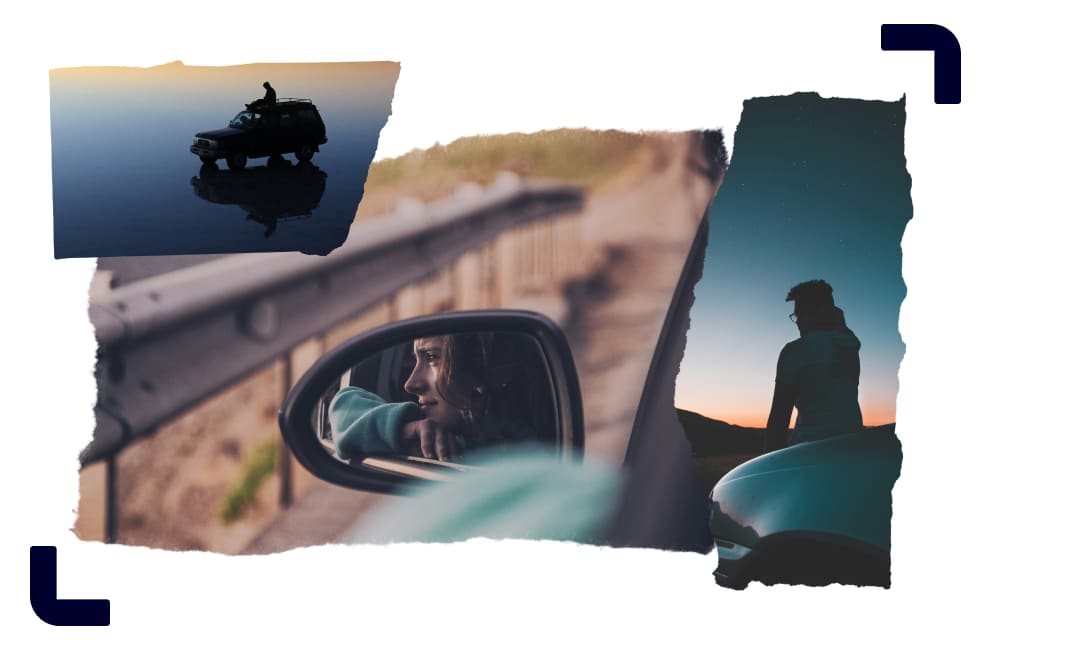 A collage of images capturing people driving and enjoying a sunset view