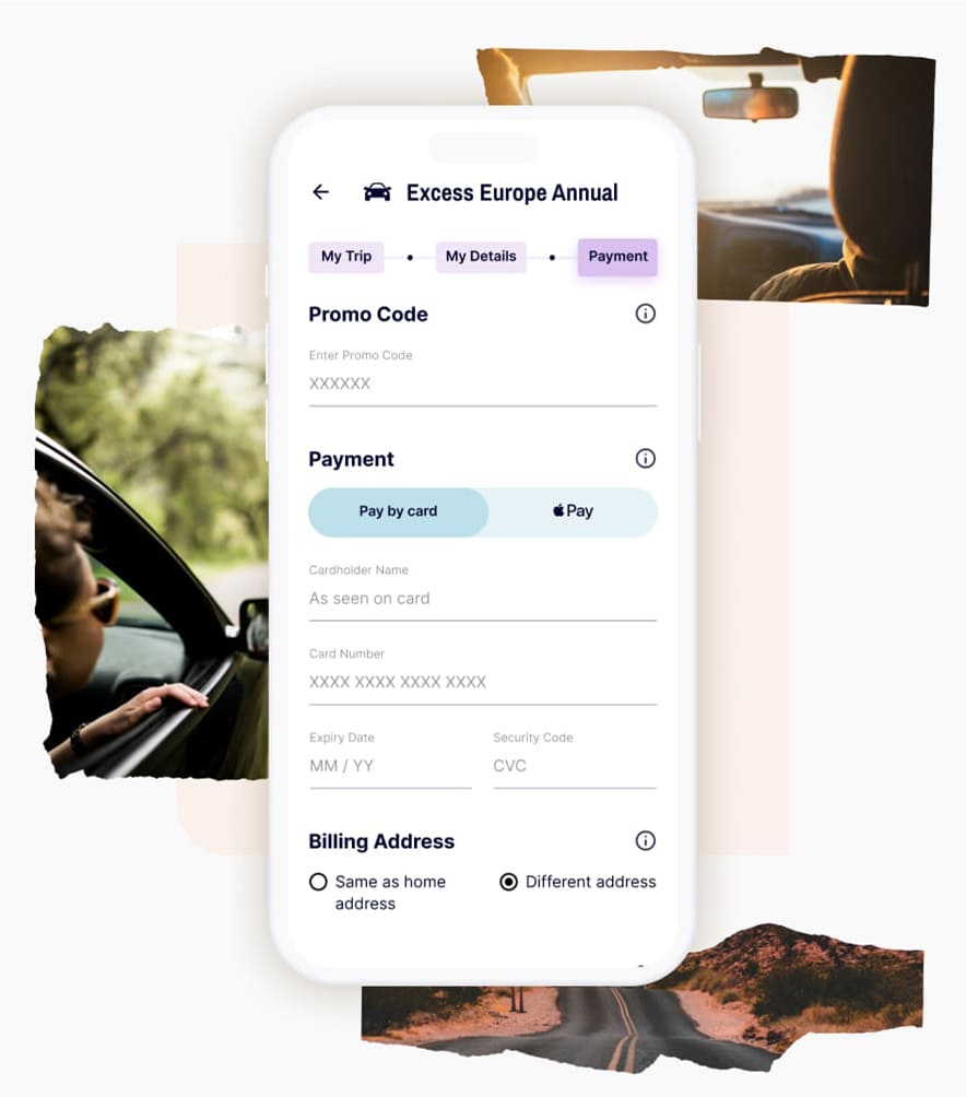 A collage of travel images alongside a mobile screen presenting the payment page, the final step in buying Gigasure Car Hire Excess Insurance