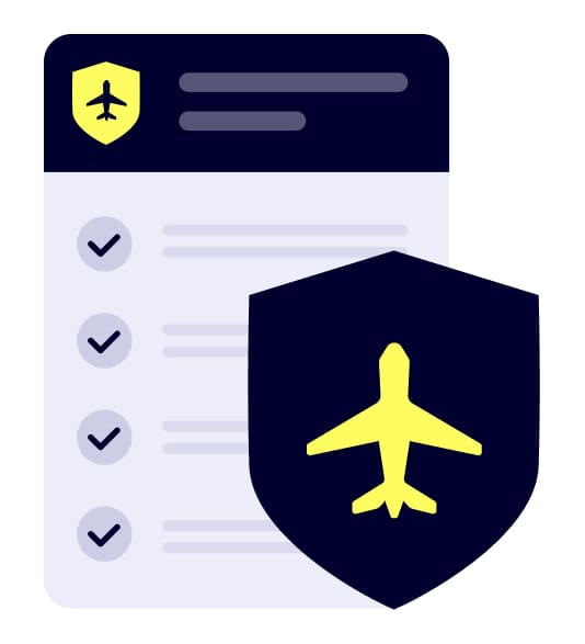 An icon representing a policy document with a shield with a plane above it, symbolising the protection offered by Gigasure's Travel Insurance