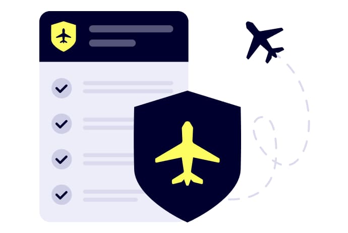 An icon representing a policy document with a shield with a plane above it, symbolising the protection offered by Gigasure's Travel Insurance