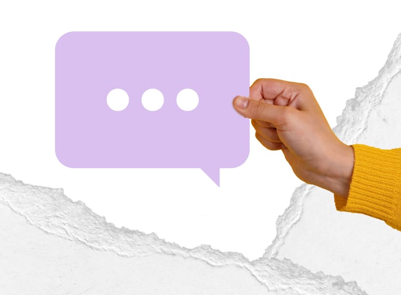 An image showing a hand holding a digital app chat sign, inviting you to chat with us if you have any questions or need help