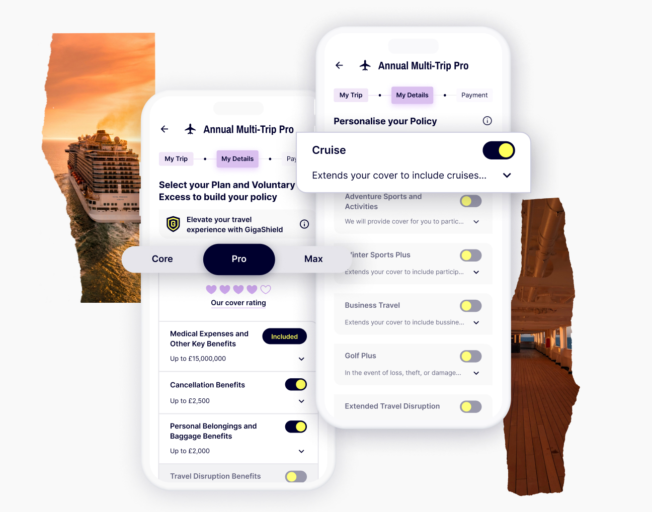 Two mobile screens displaying the Gigasure Travel Insurance purchasing journey, where you select a plan and customise it with add-ons