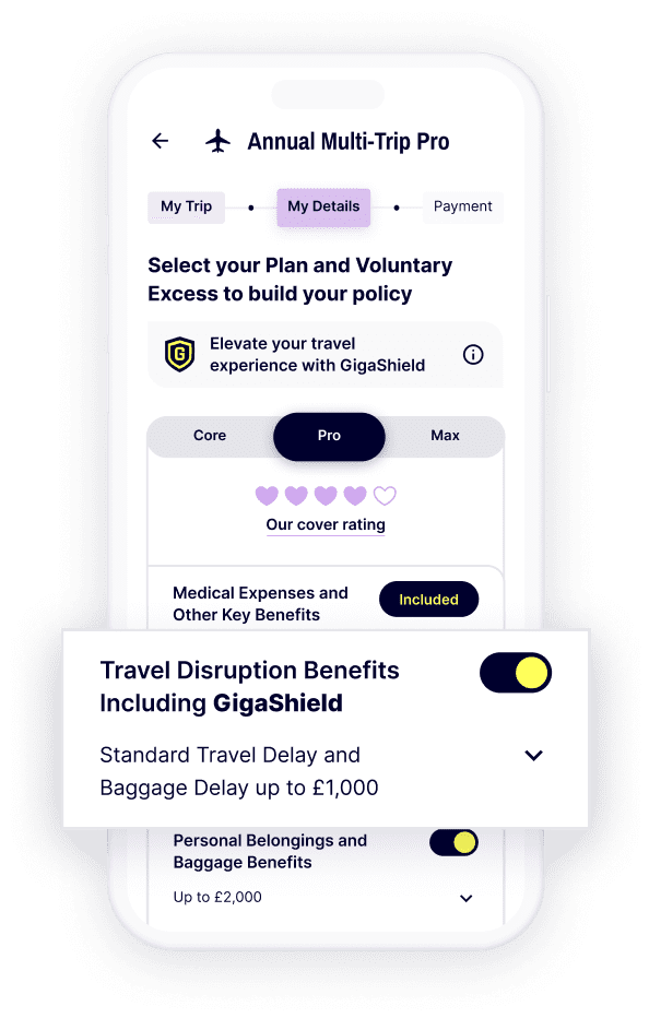 Gigasure Travel Insurance policy with the customisable option that allows you to add Travel Disruption Benefits, including GigaShield