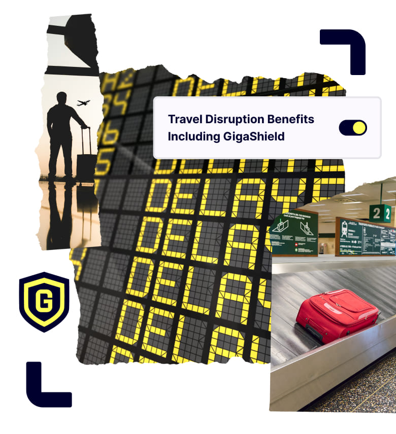 Airport scenes of flight delays and lost luggage, with GigaShield benefit highlighted to showcase stress-free travel protection