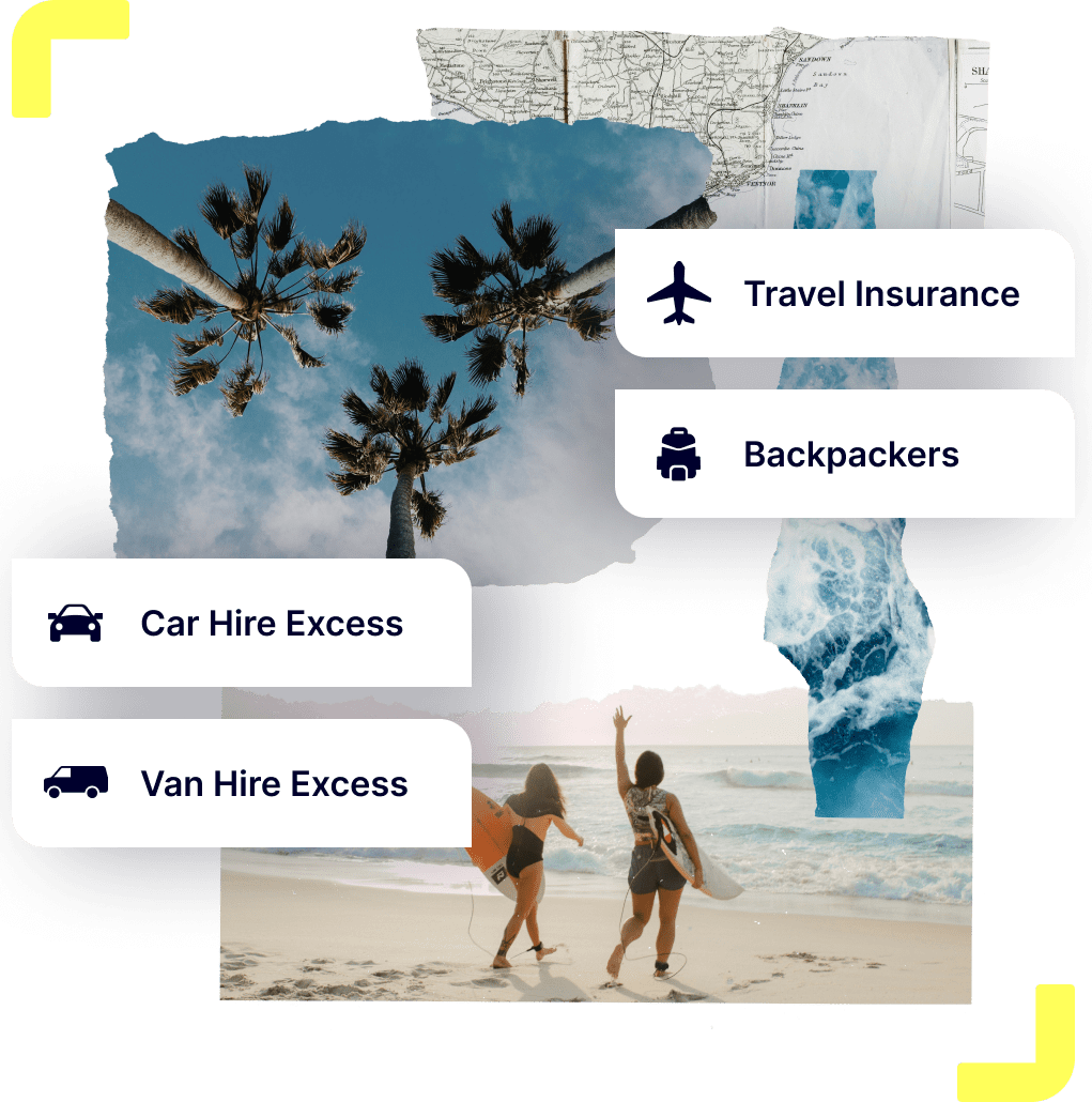 Two girls walking on the beach with surfboards. Overlay text: Travel, Backpackers, Car Hire, Van Hire insurance by Gigasure