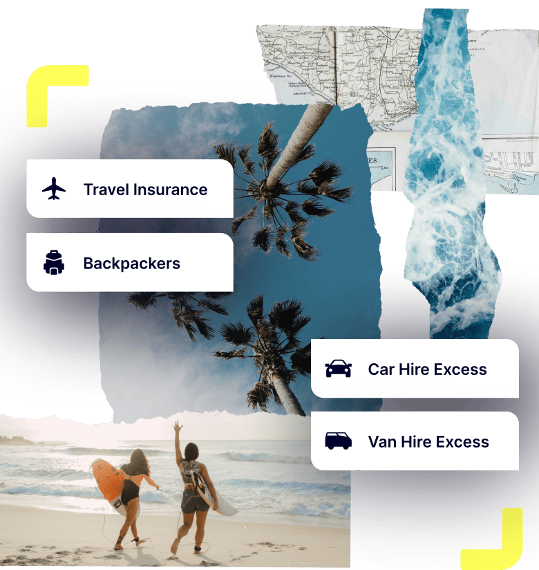 Two girls walking on the beach with surfboards. Overlay text: Travel, Backpackers, Car Hire, Van Hire insurance by Gigasure