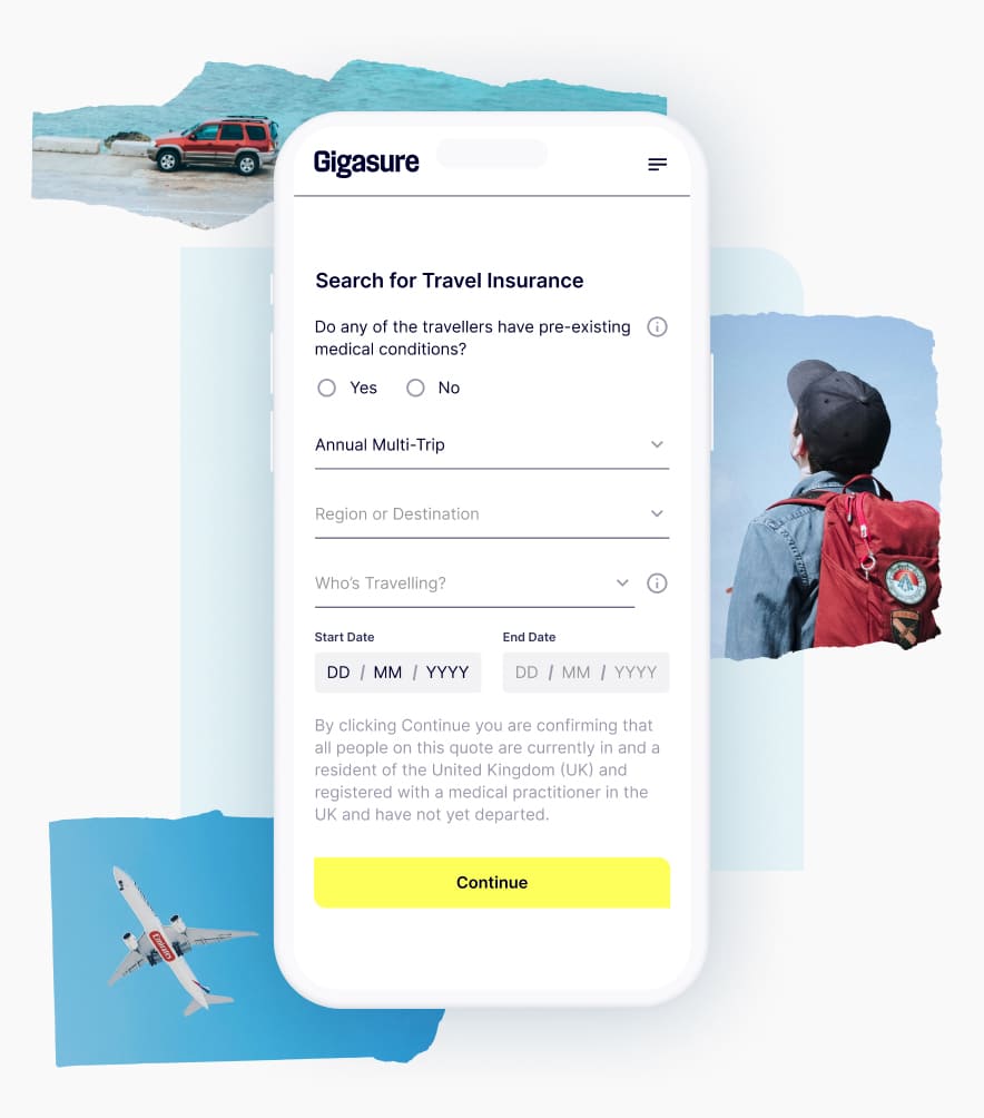 A collage of travel images and a mobile screen displaying a smart form for getting a quick Gigasure Travel Insurance quote