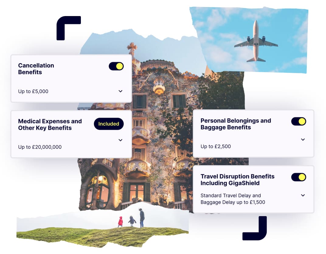 A collage of travel images & key benefits offered by Gigasure's Travel Insurance that can be added or removed using a toggle to tailor your policy 