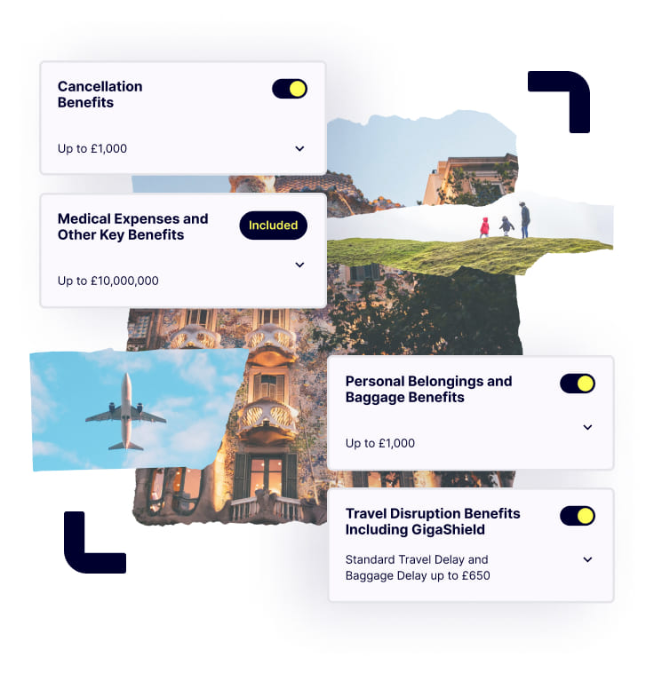 A collage of travel images & key benefits offered by Gigasure's Travel Insurance that can be added or removed using a toggle to tailor your policy 