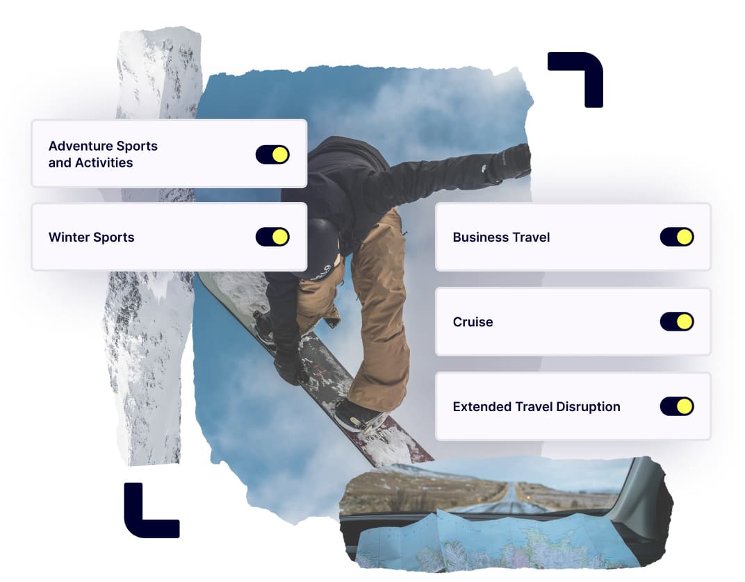 An image of a snowboarder performing a mid-air flip, showcasing optional adventure add-ons for your Travel Insurance cover