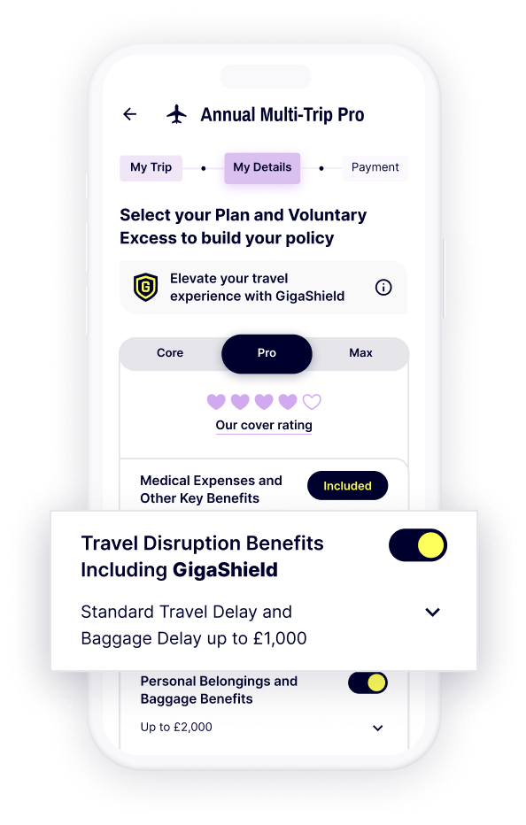 A screen showing the Gigasure Travel Insurance policy with the customisable option that allows you to add Travel Disruption Benefits, including GigaShield