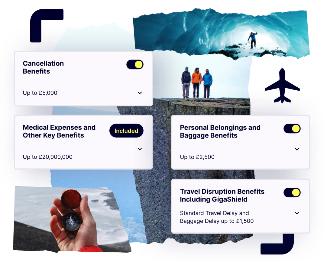 Friends exploring the world, with snippets of Gigasure's Travel Insurance benefits that you can customise by adding or removing them from your plan