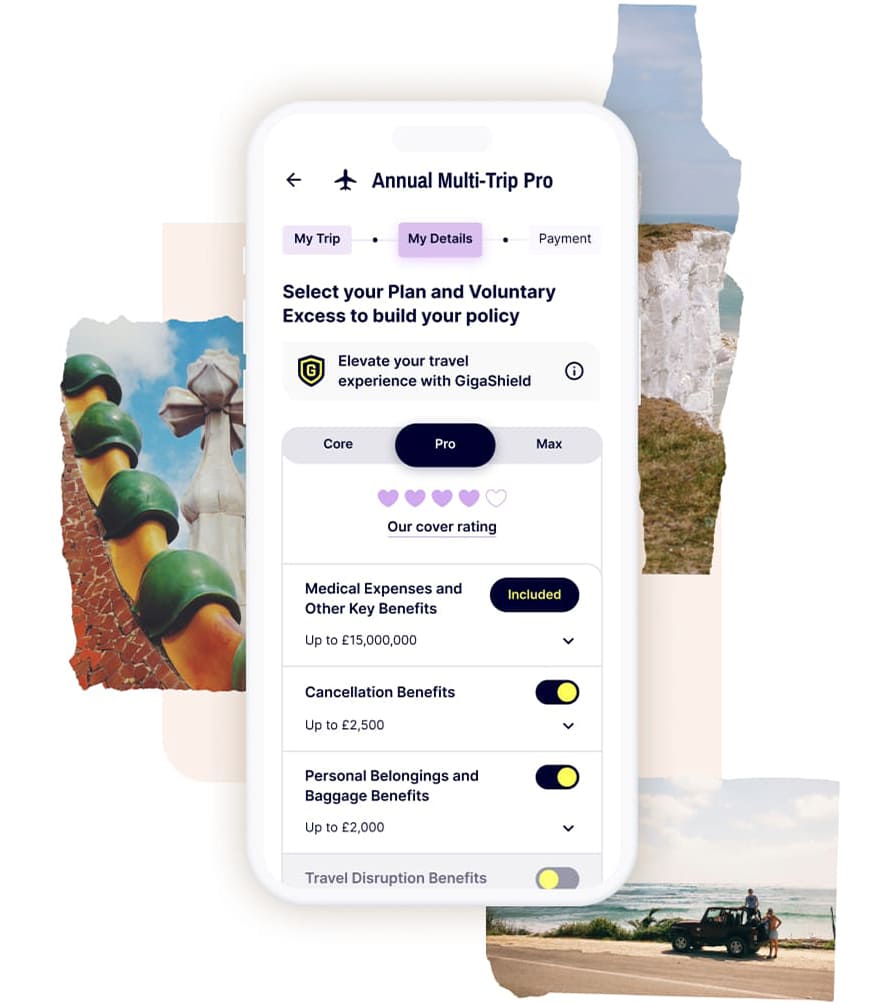 A collage of travel images and a mobile screen showcasing Gigasure's Travel Insurance Pro plan, that can be tailored to suit your needs. 