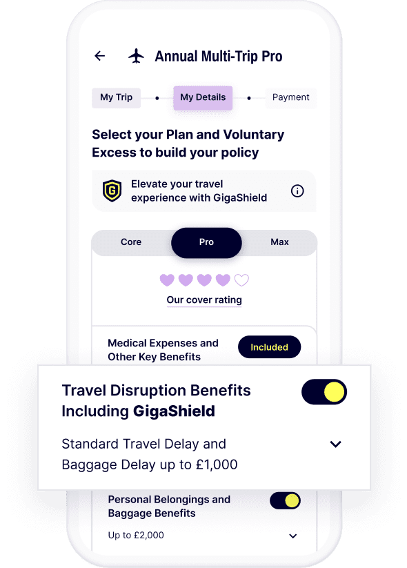 A screen showing the Gigasure Travel Insurance policy with the customisable option that allows you to add Travel Disruption Benefits, including GigaShield