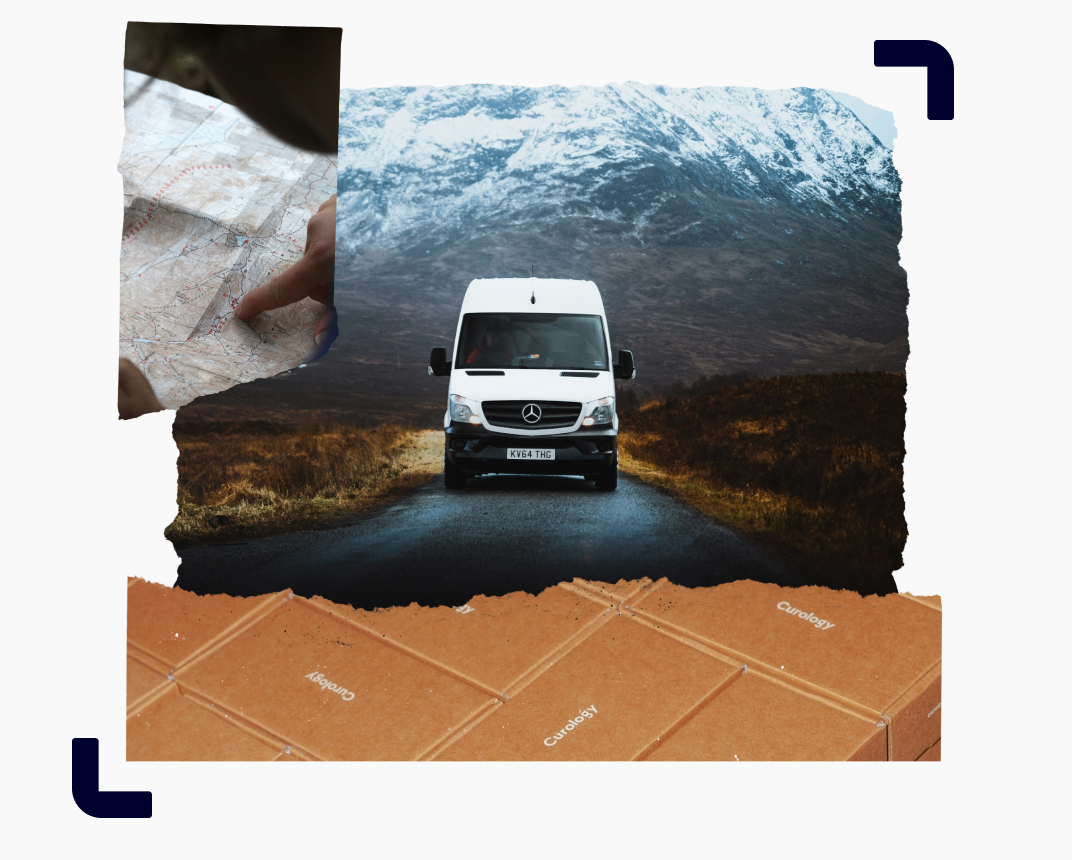 A collage featuring a white van driving and stacked packages ready for delivery