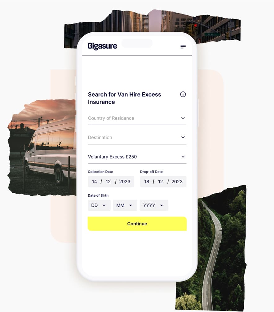 A collage of travel photos alongside a mobile screen displaying the first step to get a quick Gigasure Van Hire Excess Insurance quote