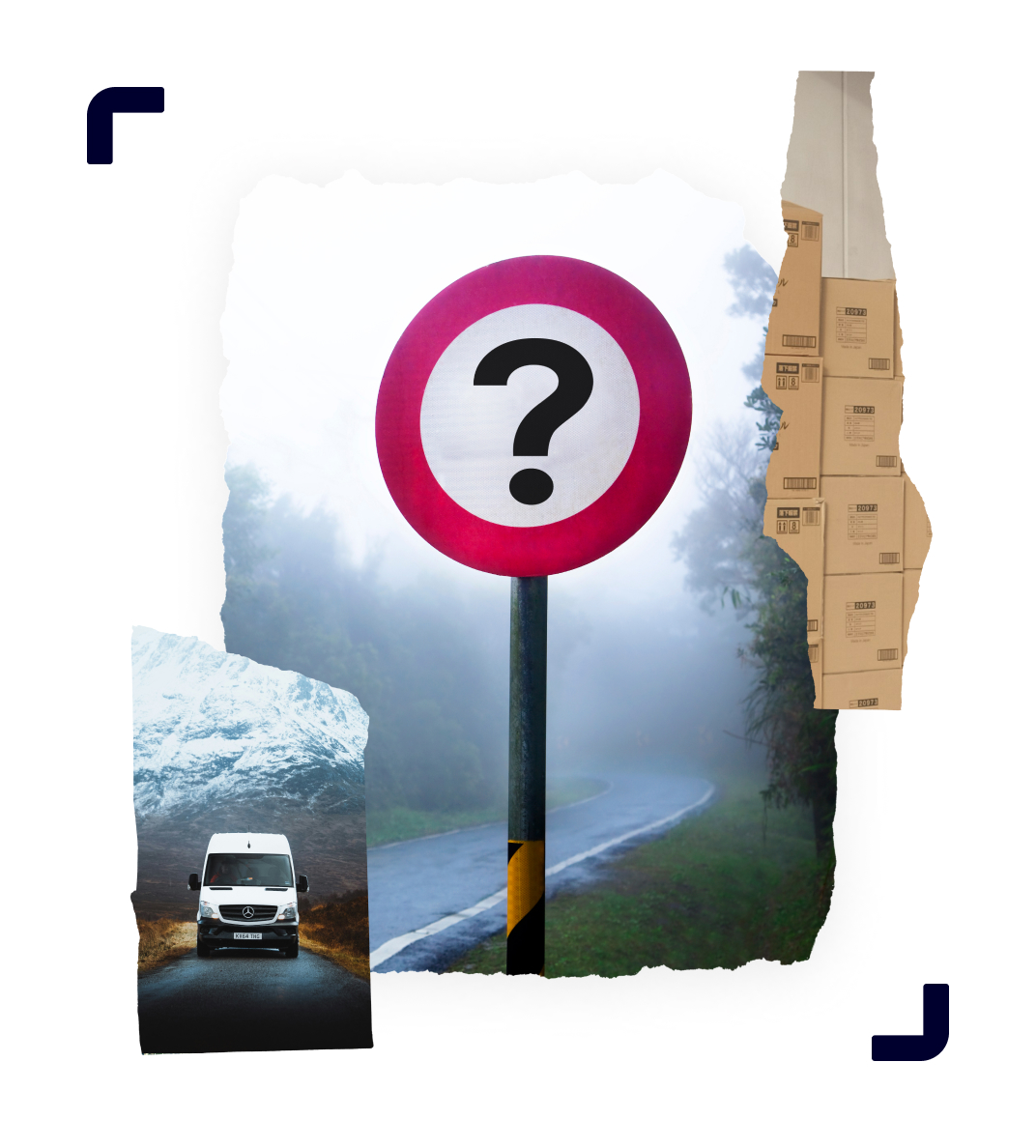 A collage with images of question marks along various roads, guiding you to our FAQs about Van Hire Excess Insurance